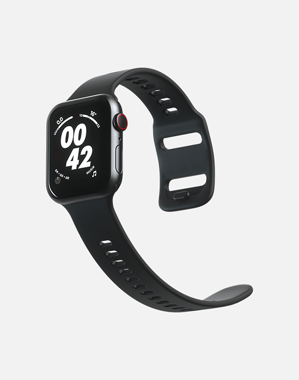 Hitch Apple Watch sport band in black rubber, fits 42mm, 44mm, and 45mm sizes, designed for comfortable wear.