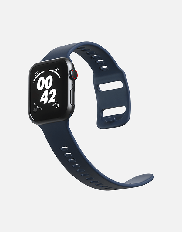Hitch sport band for Apple Watch, black rubber strap in 42mm, 44mm, or 45mm size, designed for fitness and everyday wear.