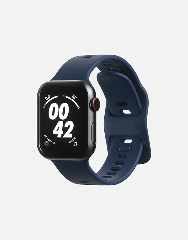 Hitch Apple Watch sport band in black rubber, sizes 42mm, 44mm, and 45mm, designed for fitness and active wear.