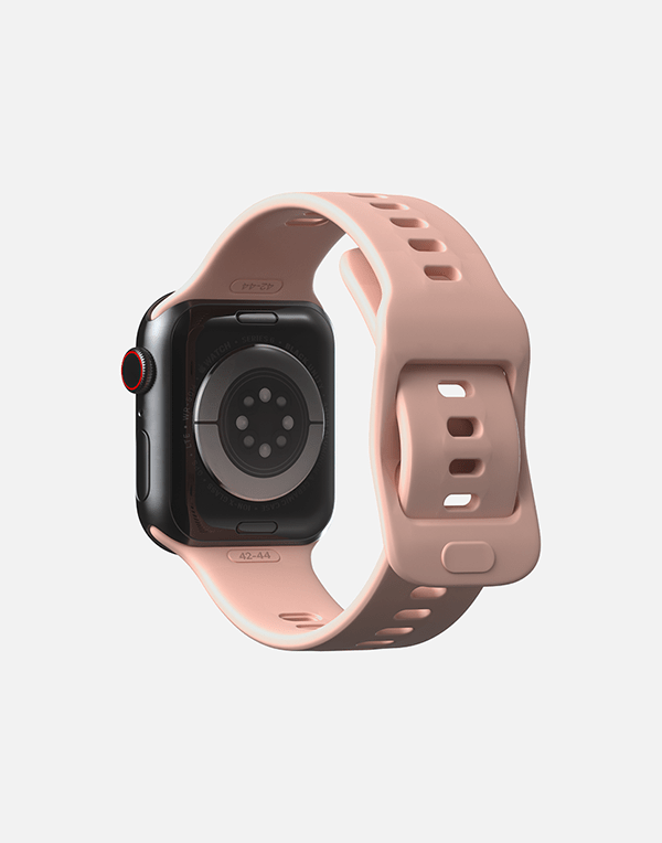 Hitch Apple Watch sport band in black rubber, compatible with 42mm, 44mm, and 45mm sizes, shown on a watch.