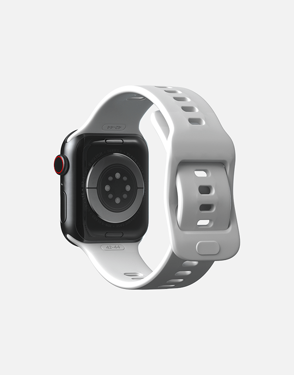 Hitch sport band for Apple Watch, rubber material in 42mm, 44mm, or 45mm sizes, shown in black with adjustable strap