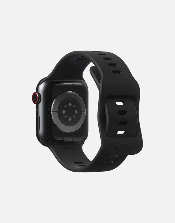 Hitch Apple Watch sport band in black silicone, compatible with 42mm, 44mm, and 45mm sizes, shown on a watch face.