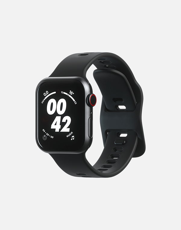 Hitch Apple Watch sport band in black rubber, compatible with 42mm, 44mm, and 45mm sizes, shown on a watch.