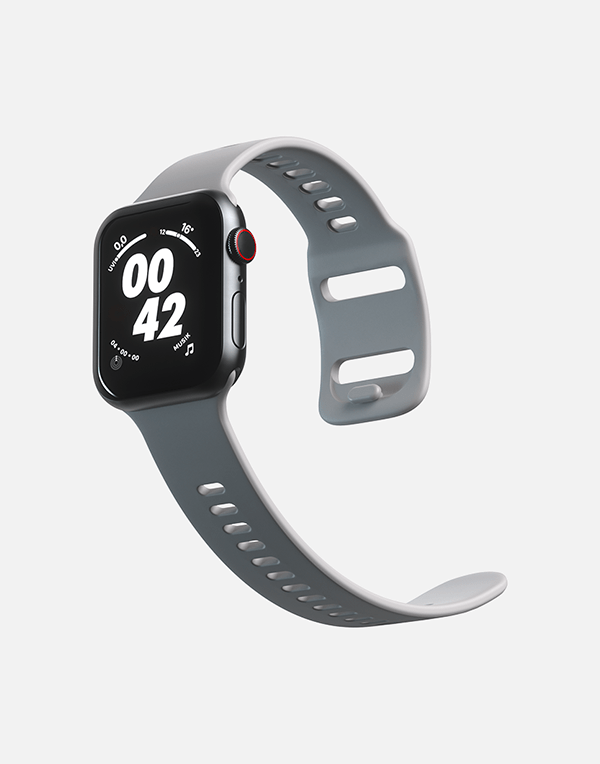 Hitch Apple Watch sport band in black rubber, compatible with 44mm and 42mm models, shown on a smartwatch.