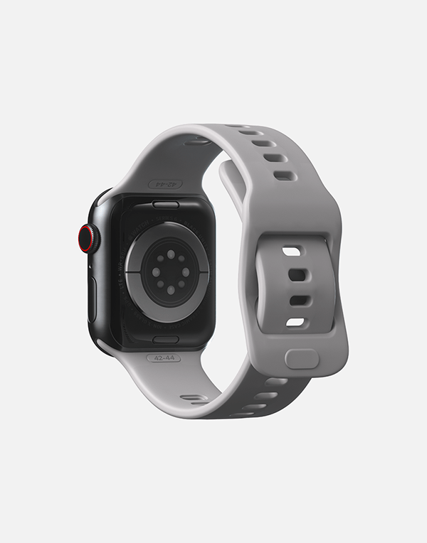 Hitch Apple Watch sport band in black silicone, fits 42mm, 44mm, and 45mm sizes, designed for Apple Watch models.