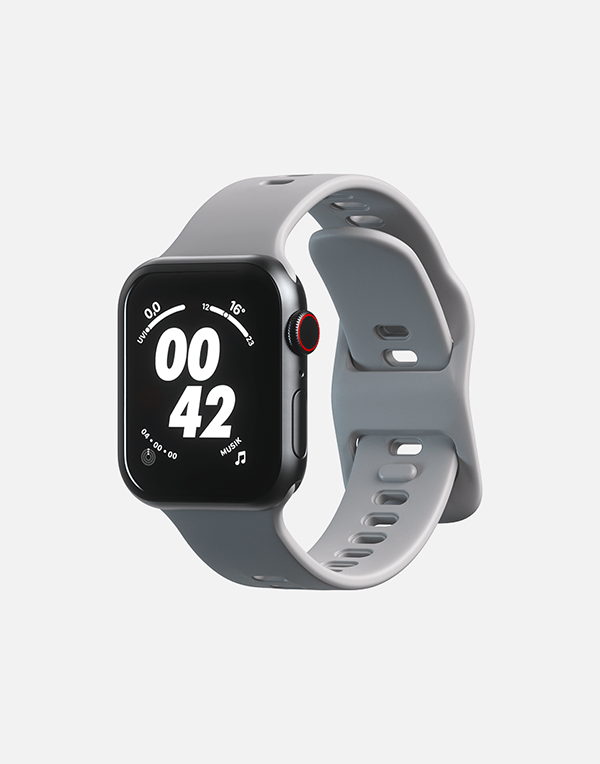 Hitch Apple Watch sport band made of black rubber, suitable for 42mm, 44mm, and 45mm sizes, shown on a watch.