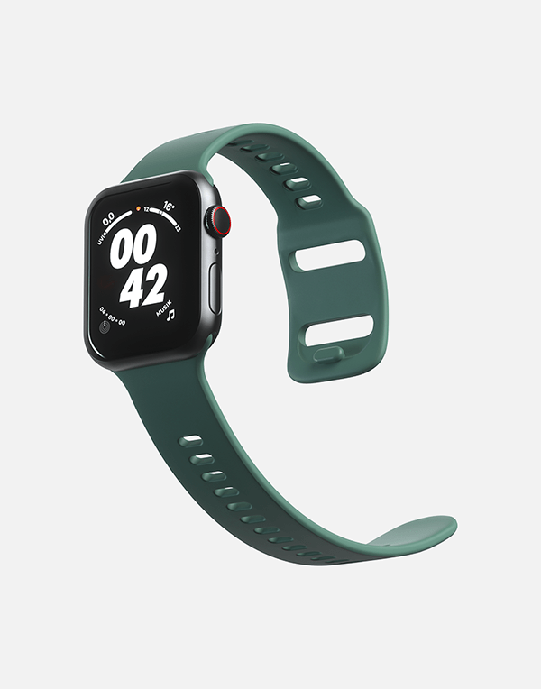 Hitch sport band for Apple Watch in black rubber, available in 42mm, 44mm, and 45mm sizes, suitable for fitness and daily wear.