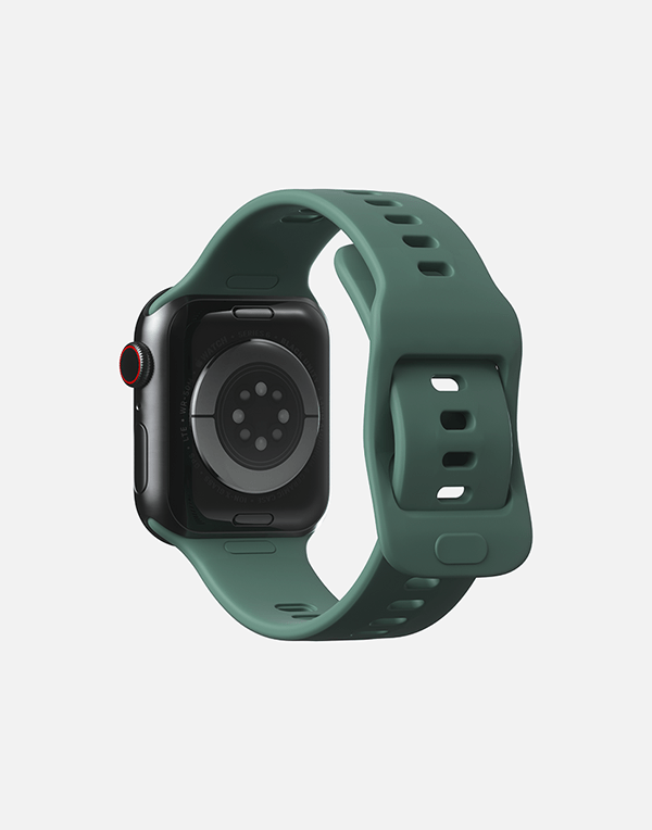 Hitch Apple Watch sport band in black silicone, fits 42mm, 44mm, and 45mm models, with a smooth, flexible design.