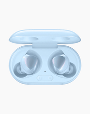 Blue Samsung Galaxy Buds Plus by AKG with charging case, wireless earbuds with compact design and charging box.