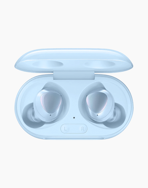 Blue Samsung Galaxy Buds Plus by AKG with charging case, wireless earbuds with compact design and charging box.