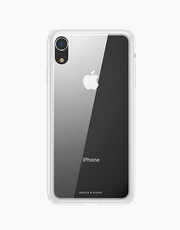 Clear see-through iPhone XR case with glass back and bumper frame by Baseus, shown on a white iPhone XR.