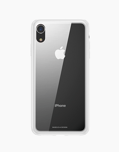 Clear see-through iPhone XR case with glass back and bumper frame by Baseus, shown on a white iPhone XR.