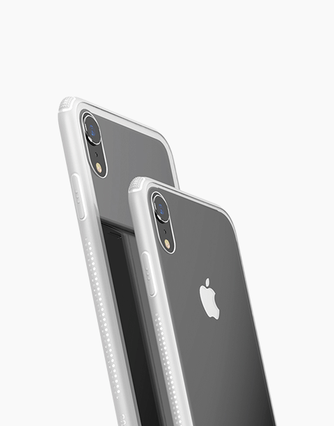 See-through white glass back and bumper frame for iPhone XR by Baseus, displayed on a smartphone in a product showcase image.