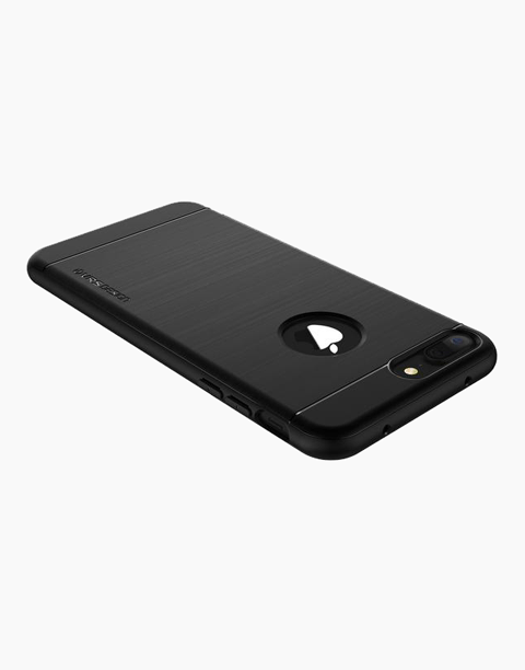 Black slim and flexible case for iPhone 7 Plus by VRS Design, showcasing its sleek design and precise cutouts.