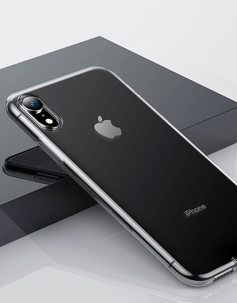 Clear TPU case for iPhone XR by Baseus, slim and transparent soft protective cover showcasing the phone's design.