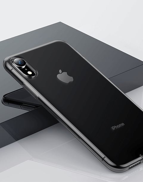 Clear TPU case for iPhone XR by Baseus, slim and transparent soft protective cover with black accents.