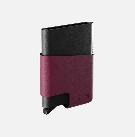 Hitch RFID-blocking black and burgundy leather cardholder with cut-out design, handmade genuine leather accessory.