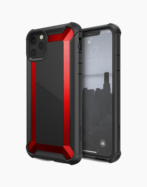 XDoria Defense Tactical case for iPhone 11 Pro in black and red, showcasing anti-shock design and rugged protection.