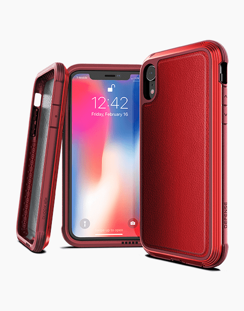 Red X-Doria Defense Lux Leather case for iPhone XR, showing anti-shock design and textured leather finish.