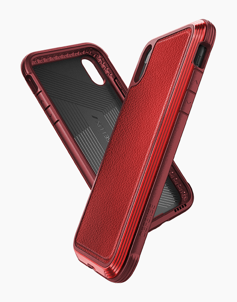 Red X-Doria Defense Lux Leather case for iPhone Xr, featuring anti-shock protection up to 3M.