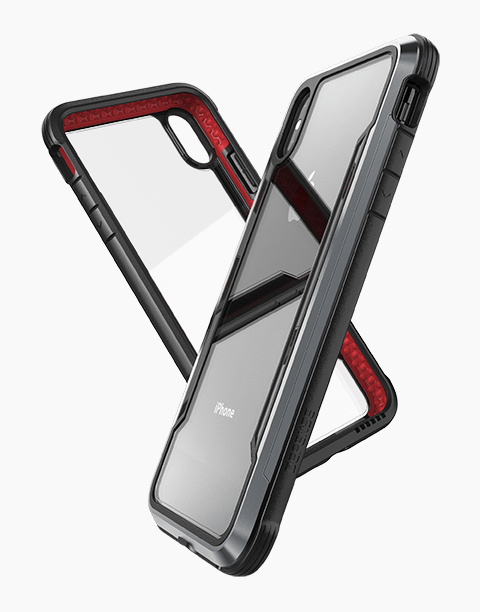 Black X-Doria Defense Shield iPhone Xs Max case with anti-shock design and up to 3m drop protection, shown on a smartphone.