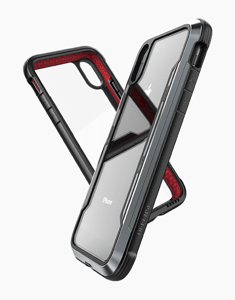 X-Doria Defense Shield iPhone Xr case in black, showcasing anti-shock design for durability and protection.