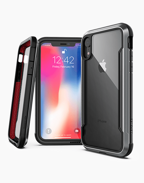 X-Doria Defense Shield iPhone XR case in black, showcasing anti-shock protection and durable design.