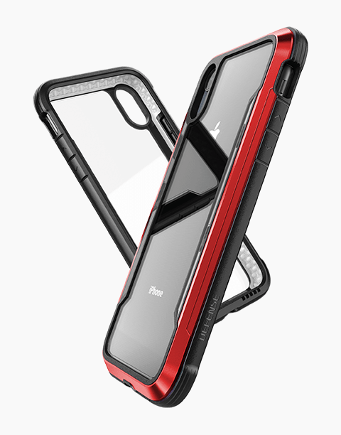X-Doria Defense Shield iPhone XR case in red, showcasing anti-shock design and rugged protection up to 3M.