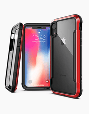 X-Doria Defense Shield iPhone Xr case in red, showcasing anti-shock design and durable materials for protection.