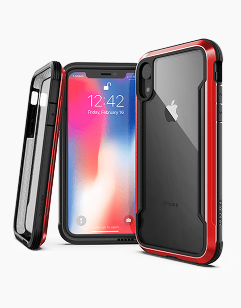 X-Doria Defense Shield iPhone Xr case in red, showcasing anti-shock design and durable materials for protection.