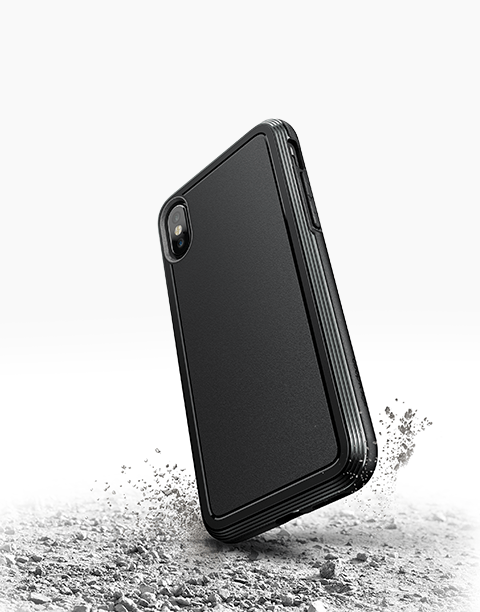 Black Defense Ultra X-Doria iPhone Xs case with anti-shock design and textured surface for enhanced protection.