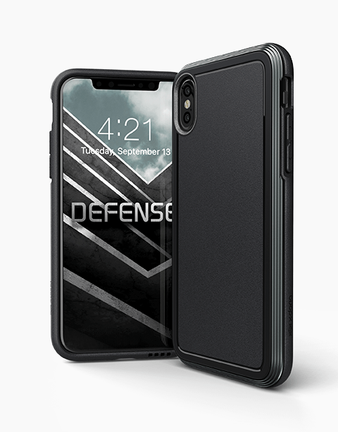 Black Defense Ultra X-Doria iPhone Xs case with anti-shock design and reinforced edges, providing up to 4 meters of drop protection.