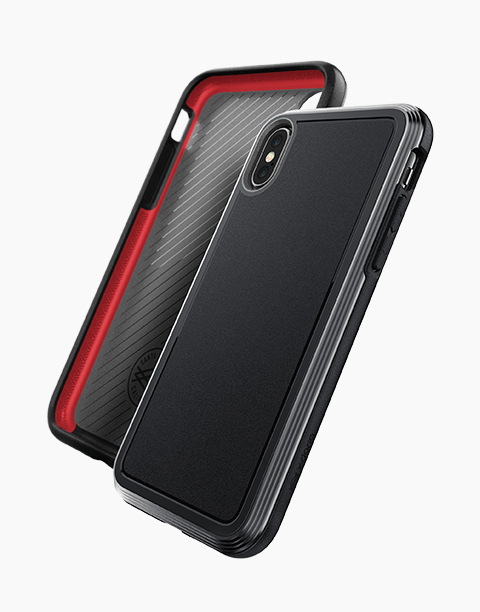 Black Defense Ultra X-Doria iPhone Xs case with anti-shock design and reinforced edges for up to 4 meters drop protection.