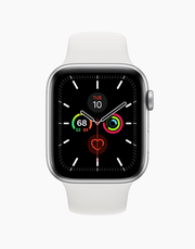 Apple Watch Series 5 GPS 44mm in silver aluminum with white band, showing the smartwatch face and sleek design.