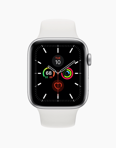 Apple Watch Series 5 GPS 44mm in silver aluminum with white band, showing the smartwatch face and sleek design.