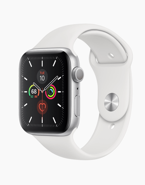 Apple Watch Series 5 GPS 44mm with silver aluminum case and white band, showing the watch face and sleek design.