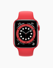 Apple Watch Series 6 GPS 44mm in red with matching red strap, featuring digital display and sleek design.