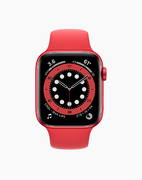 Apple Watch Series 6 GPS 44mm in red with matching red strap, featuring digital display and sleek design.