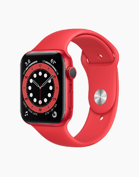Apple Watch Series 6 GPS 44mm in red with matching red strap, showing the watch face and sleek design.