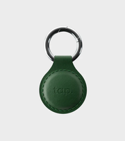 Handmade green leather Tap NFC keychain with metal keyring, designed for easy contact sharing with a tap.