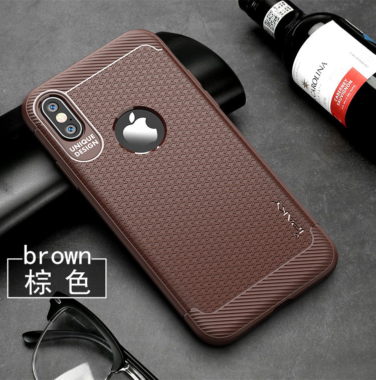 Brown iPaky slim anti-shock case for iPhone X, showcasing a sleek design and precise cutouts for buttons and ports.