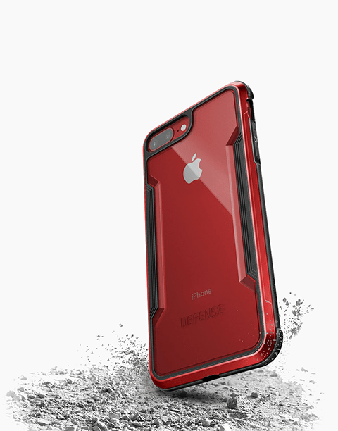 X-Doria Defense Shield anti-shock case in red for iPhone 8 Plus and 7 Plus, showcasing protective design and durability.