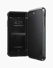 Black Defense Lux Leather anti-shock case for iPhone 8 Plus by X-Doria, featuring sleek leather design and protective features.