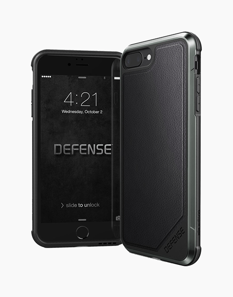 Black Defense Lux Leather anti-shock case for iPhone 8 Plus by X-Doria, featuring sleek leather design and protective features.