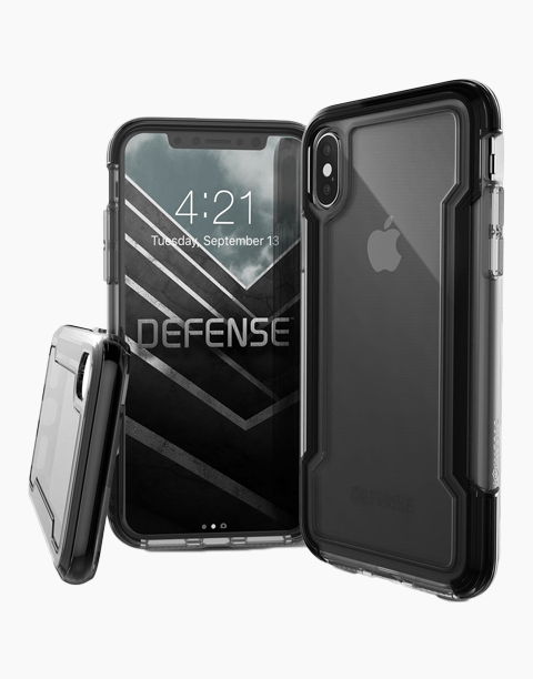 X-Doria Defense Clear iPhone Xs case in black, showcasing anti-shock protection up to 2 meters.