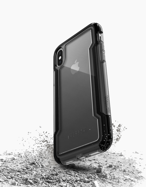 X-Doria Defense Clear case for iPhone Xs in transparent with black accents, showcasing anti-shock protection design.