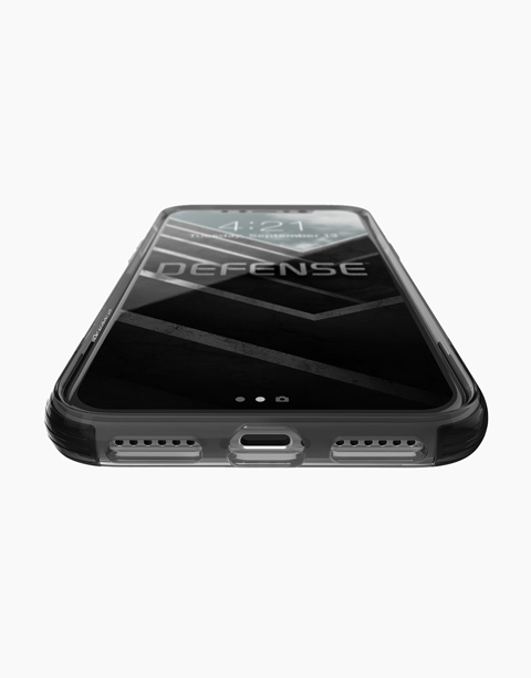 X-Doria Defense Clear iPhone Xs case in black, showcasing anti-shock design and durable protection up to 2 meters.