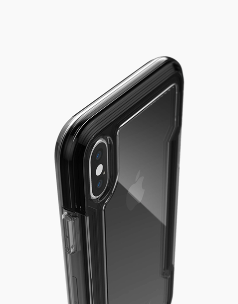 X-Doria Defense Clear iPhone Xs case in black, showcasing anti-shock design and up to 2M drop protection.