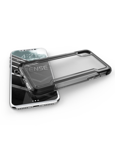 X-Doria Defense Clear iPhone Xs case in transparent design, showcasing anti-shock protection up to 2 meters.