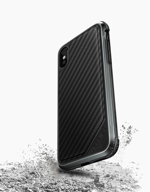 Aukey B25 with XDoria Defense Lux case, showcasing shock-absorbing design for iPhone X protection up to 3 meters.